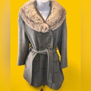 Vintage 60’s/70’s gray wool belted overcoat w/real rabbit fur trim